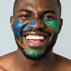 Man with colorful face paint laughs