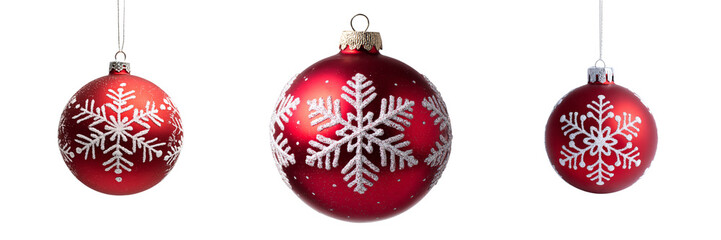 Three red christmas ornaments with snowflakes isolated on transparent background