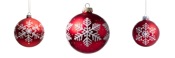 Three red christmas ornaments with snowflakes isolated on transparent background