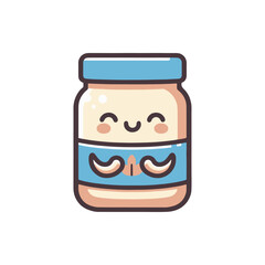 Cute cartoon jar of peanut butter smiling with a light blue lid and label, isolated on white background