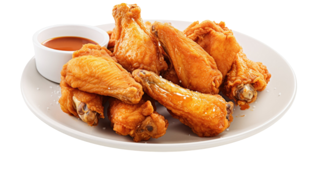 Crispy fried chicken wings served as delicious fast food meal with golden crunchy texture on plate background