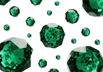 Perfectly faceted, geometric emerald crystals, intricate refractive surfaces, vibrant deep green, varying sizes, serenely suspended against a transparent background, ethereal light, cosmic wisdom