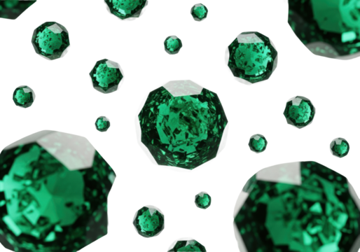 Perfectly faceted, geometric emerald crystals, intricate refractive surfaces, vibrant deep green, varying sizes, serenely suspended against a transparent background, ethereal light, cosmic wisdom