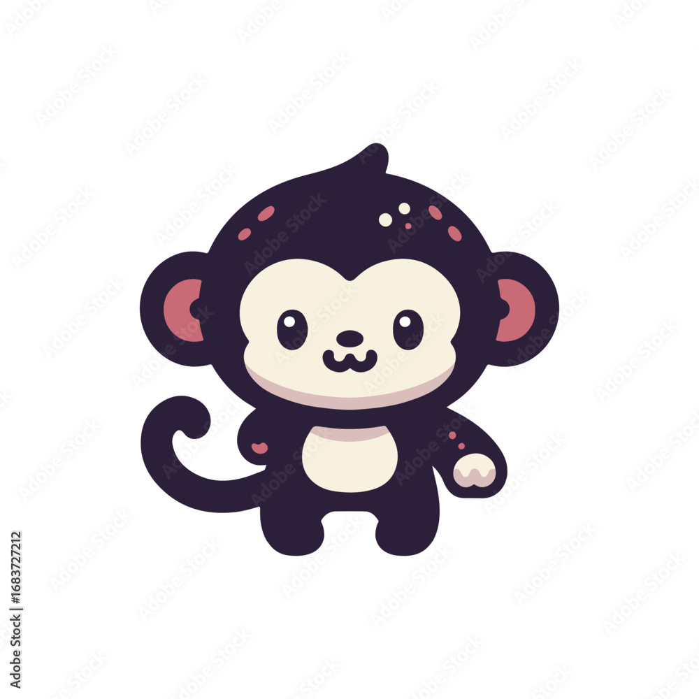 Poster cute cartoon monkey character standing cheerfully with a playful expression against a simple backgro