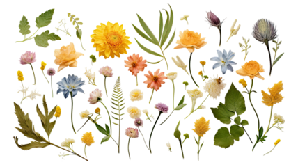 Flat lay arrangement with variety of colorful flowers and green leaves natural floral decoration on background