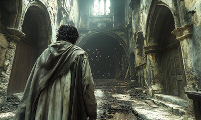 Solitary Figure in a Desolate, Sunlit Ruin