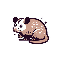 Cute cartoon opossum sitting with a curious expression, surrounded by sparkling stars
