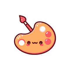 Cute cartoon paint palette character with a paintbrush, smiling joyfully on a white background