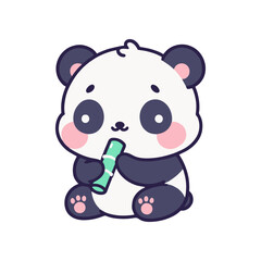 Cute cartoon panda character sitting and playing with a bamboo stick, cheerful background