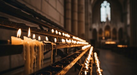 Candles illuminate a church, perfect for spiritual reflection, religious events like Easter or Christmas, or remembrance services. Warm, serene atmosphere for contemplation.
