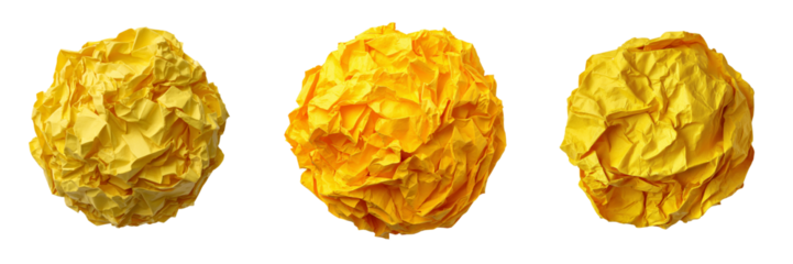 Three crumpled yellow paper balls isolated on transparent background