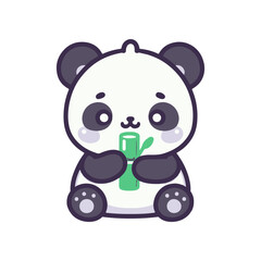 Cute cartoon panda holding a green object, sitting against a simple white background