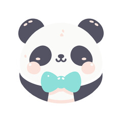 Cute cartoon panda holding a mint green bow tie, set against a minimalistic white background
