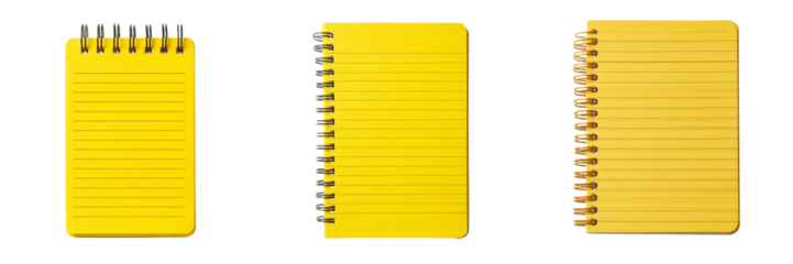 Three yellow notebooks isolated on transparent background