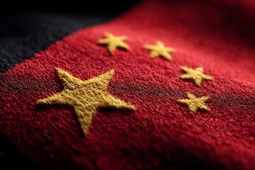 Fototapeta premium Close-up of the Chinese flag, with five yellow stars on a red background. High resolution,