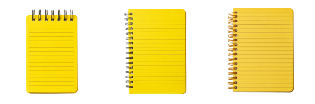 Three yellow notebooks isolated on transparent background