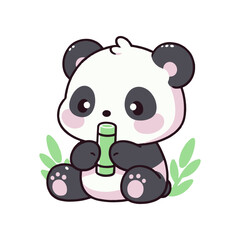 Cute cartoon panda sitting on grass, holding bamboo, with a simple white background