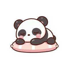 Cute cartoon panda sleeping on a pink cushion with a simple white background