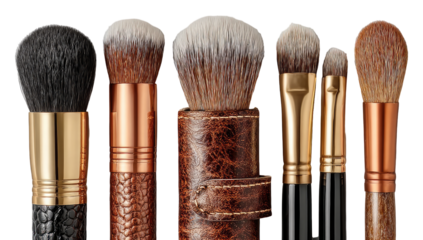 Close-up of several makeup brushes, varying in shape and size, arranged in a row