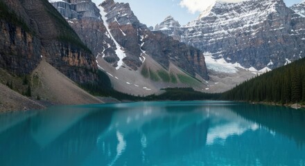 Turquoise lake nestled amongst snow-capped mountains (1)