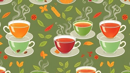 Cozy seamless pattern of steaming cups of tea and autumn leaves
