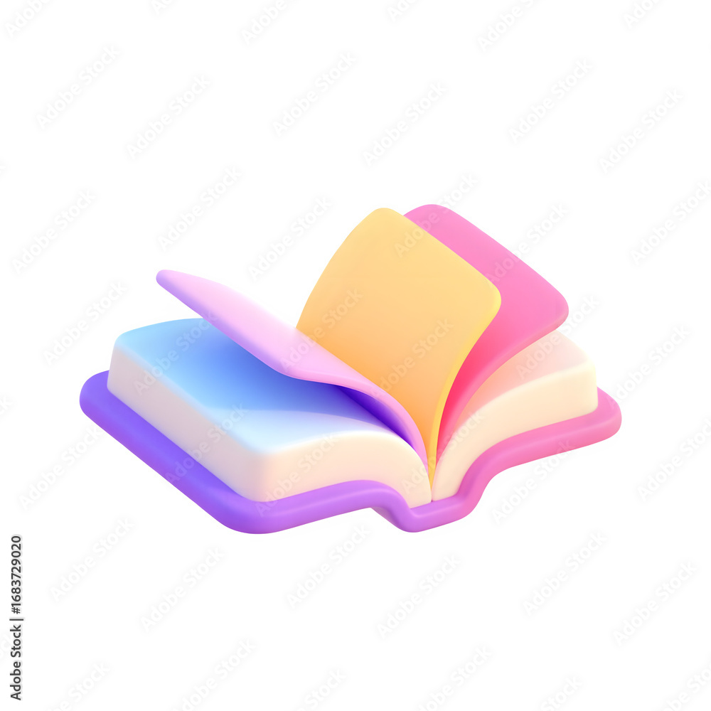 Poster an open 3d rendered book with colorful pages gently falling open