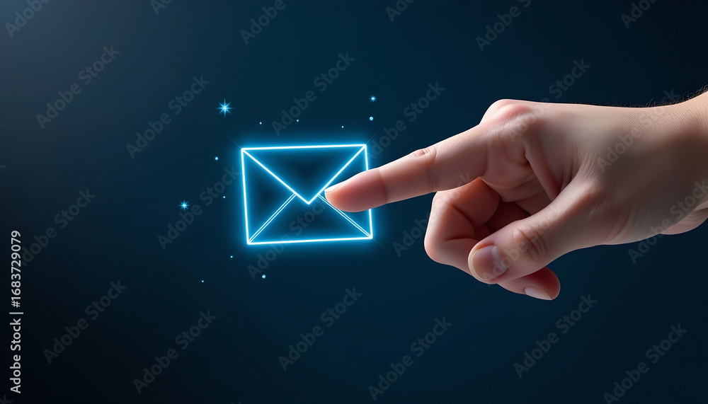 Poster digital hand touching glowing network email icon on dark background representing communication techn