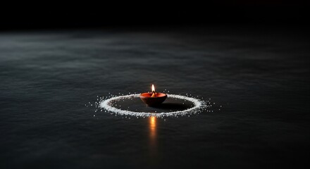 Diwali celebration background. Diya oil lamp surrounded by white powder, dark setting.  Ideal for festive greetings, banners, and cultural event promotions.