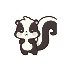 Cute cartoon skunk character standing cheerfully, with a simple white background