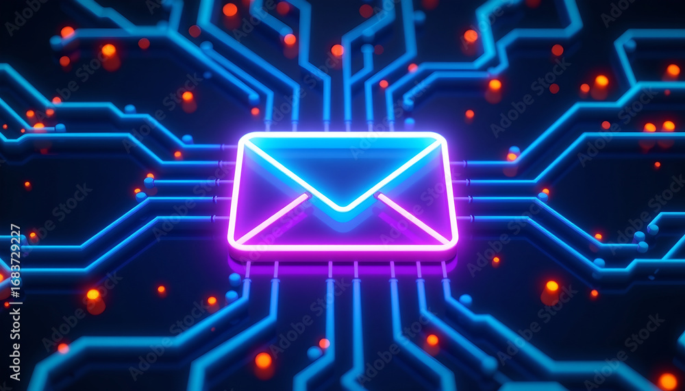 Poster digital network email icon glowing with vibrant neon lines and futuristic circuit background