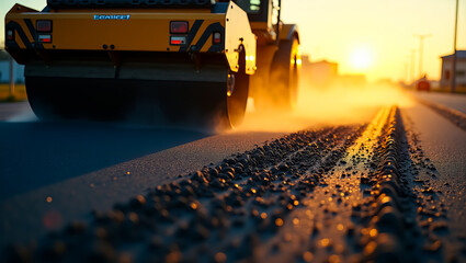 Heavy yellow construction roller compacting new asphalt road surface during a beautiful golden sunset