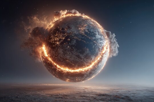 Fiery, swirling planet suspended in space. A ring of intense orange-yellow fire encircles a dark-blue, Earth-like planet. Vast, billowing clouds of smoke and ash surround the planet.