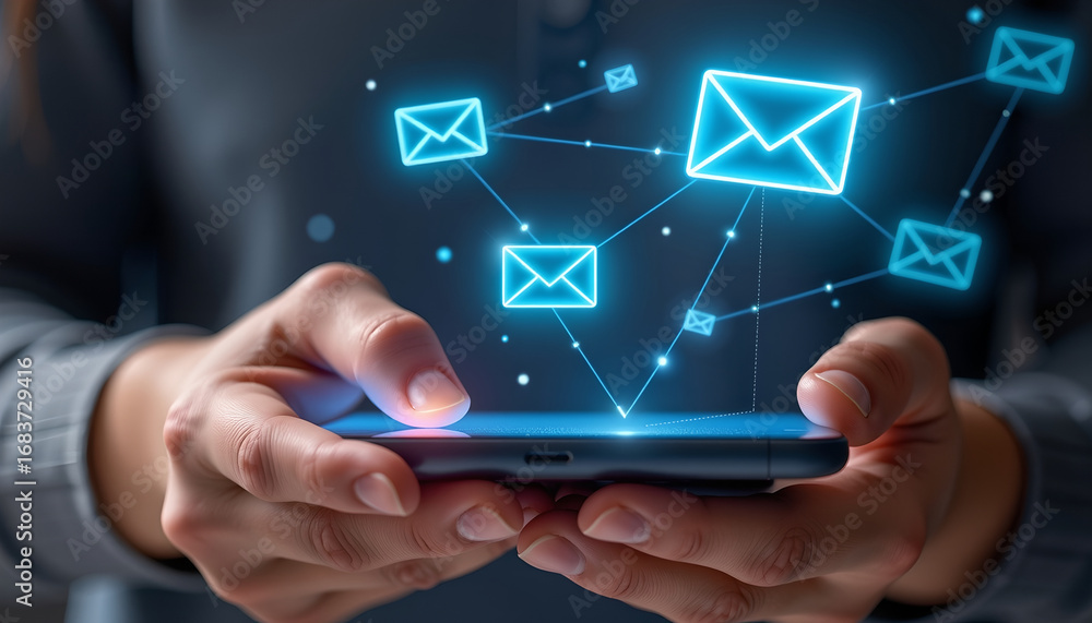 Poster digital network email glowing icons float above smartphone in hand showing modern communication tech