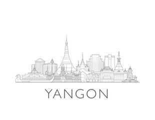 Naklejka premium Yangon, Myanmar, cityscape illustration skyline drawing