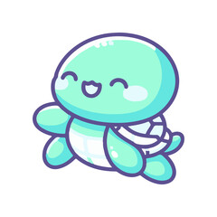 Cute cartoon turtle character happily swimming in a vibrant underwater scene, surrounded by bubbles