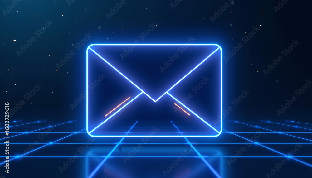 Poster digital network email glowing envelope icon on futuristic grid background with neon light effect