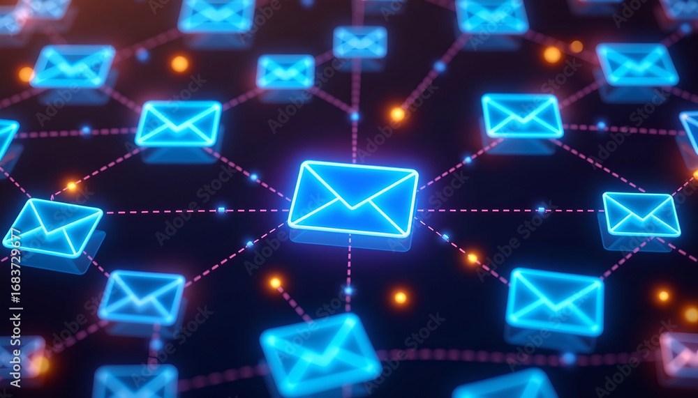 Poster digital glowing network with email icons connected by lines creating futuristic communication concep