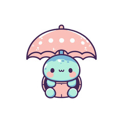 Cute cartoon turtle character sitting under a pink polka-dotted umbrella in a simple background