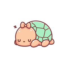 Cute cartoon turtle character sleeping peacefully with a bow, showcasing a serene atmosphere
