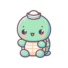 Cute cartoon turtle character wearing a hat, smiling cheerfully, with a simple background