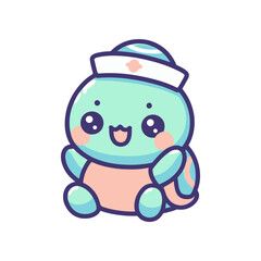 Cute cartoon turtle character wearing a hat, smiling happily while sitting on a white background