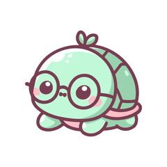 Cute cartoon turtle character wearing glasses, sitting happily with a playful expression