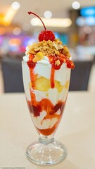 A sundae with whipped cream, cherry, and strawberry sauce
