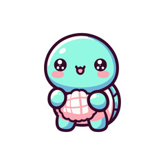 Cute cartoon turtle character wearing a pink apron, smiling joyfully, set against a simple white background