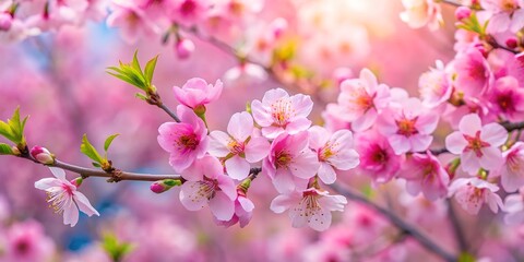 Obraz premium Closeup of delicate pink cherry blossoms in full bloom, bathed in soft sunlight, creating a serene and enchanting springtime scene with a dreamy, romantic atmosphere