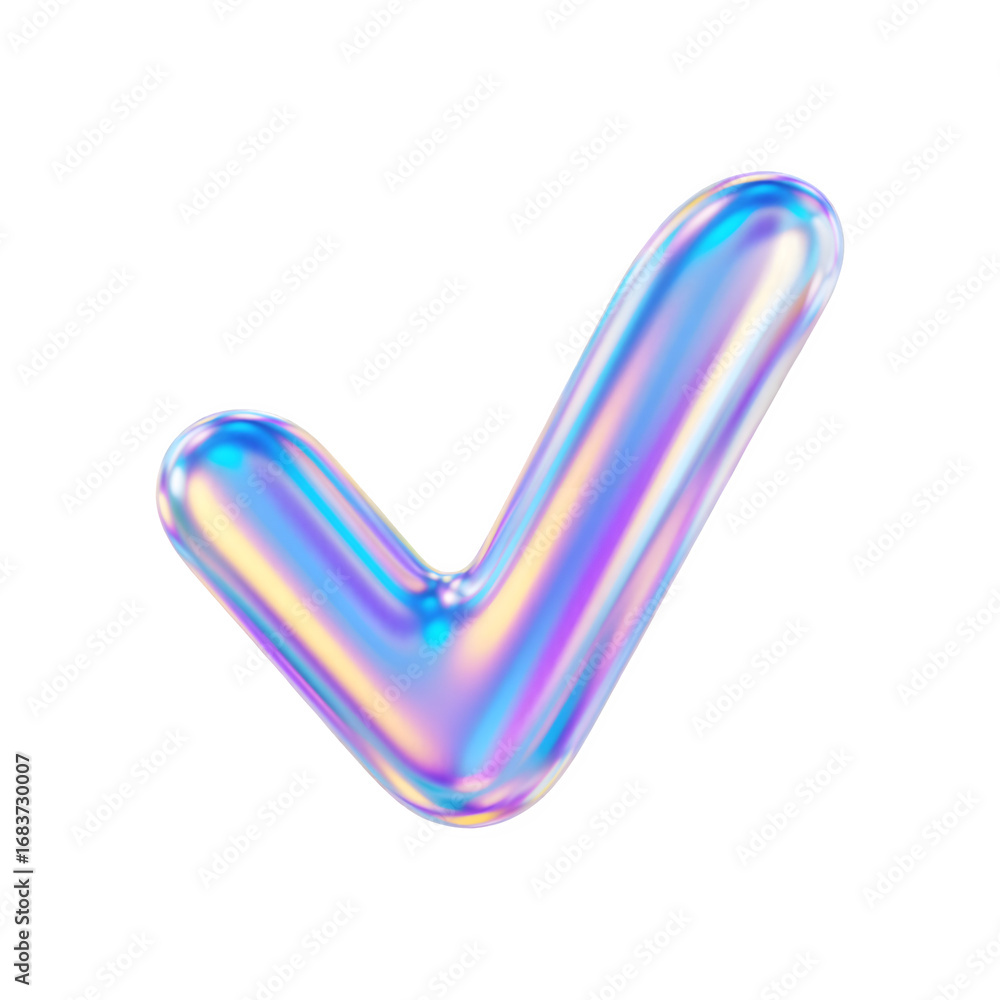 Poster holographic check mark symbol floating isolated on black background with soft reflections