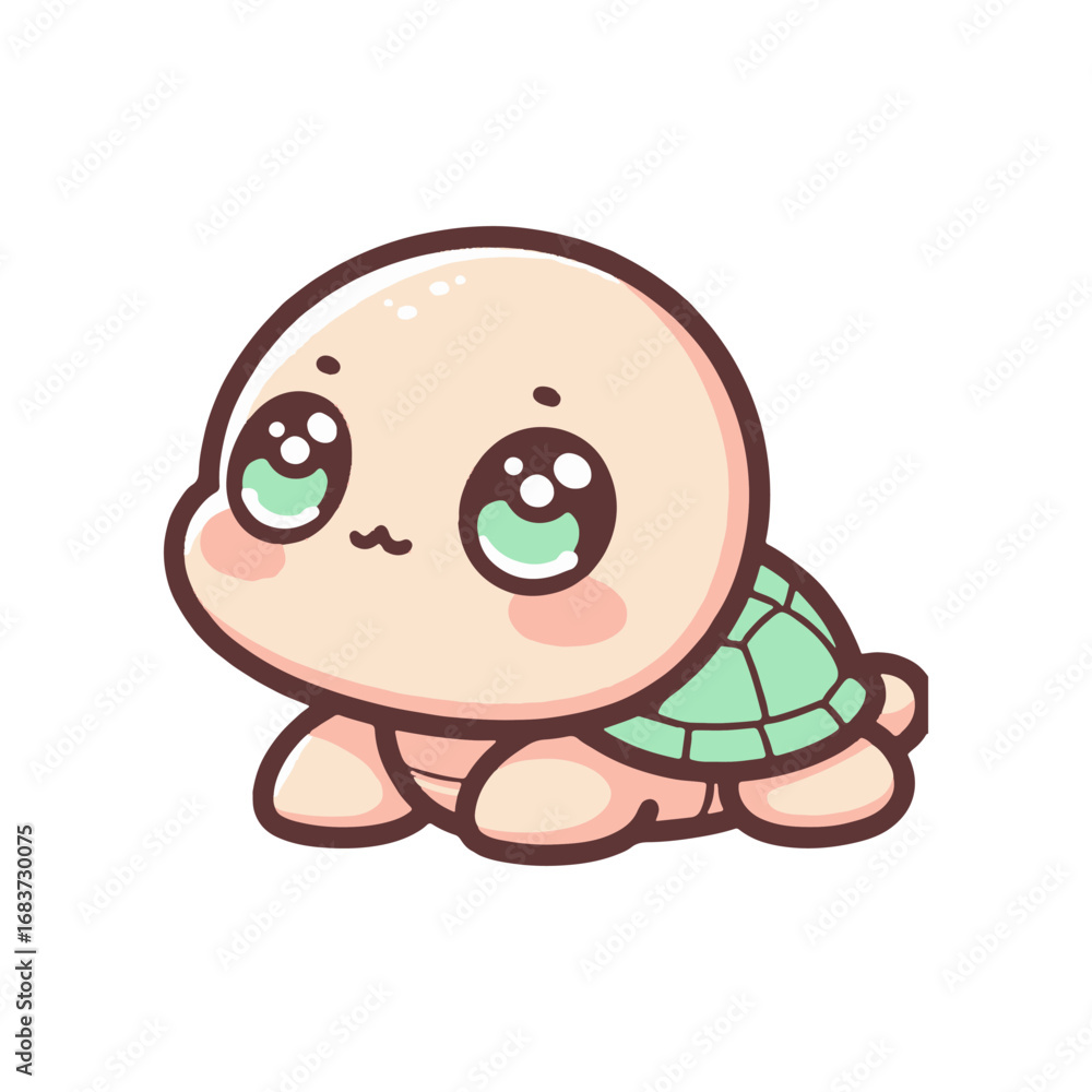 Poster cute cartoon turtle character with large eyes and a soft shell, appearing playful and friendly