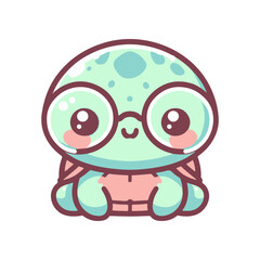 Cute cartoon turtle character with glasses, smiling and sitting, colorful and playful design