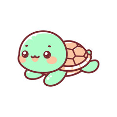 Cute cartoon turtle swimming happily in a clear ocean with soft waves and colorful coral in the background