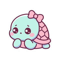 Cute cartoon turtle with a pink bow, sitting sadly, against a simple white background